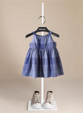 特价清仓伯米吉女童纯棉连衣裙女宝宝蓝色格纹吊带裙英伦风蓬蓬裙