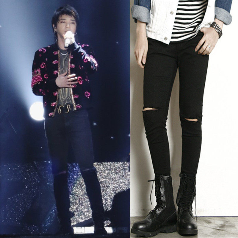 2019华晨宇演唱会同款黑色破洞裤子青少年学生修身小脚牛仔裤潮