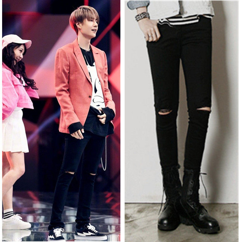 王一博肖战同款黑色破洞牛仔裤青少年休闲显瘦百搭修身小脚裤子男