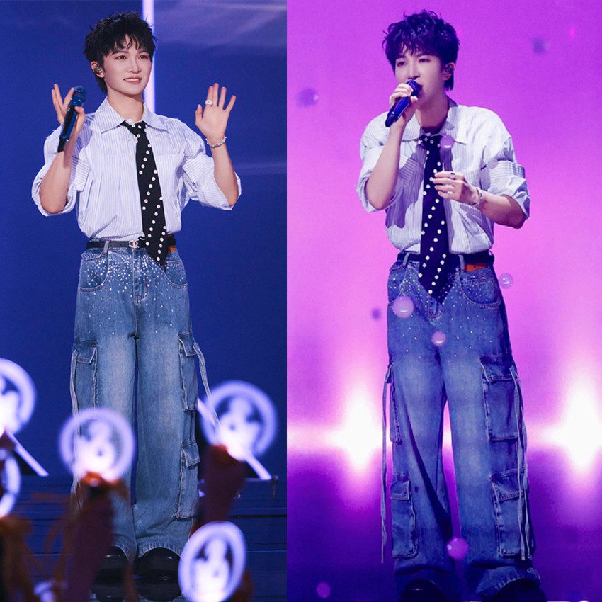 周深告别旅行同款复古烫钻牛仔工装裤女设计感多口袋宽松阔腿裤,女装/女士精品,牛仔裤,淘宝优惠券,粉丝福利购,淘宝优惠卷