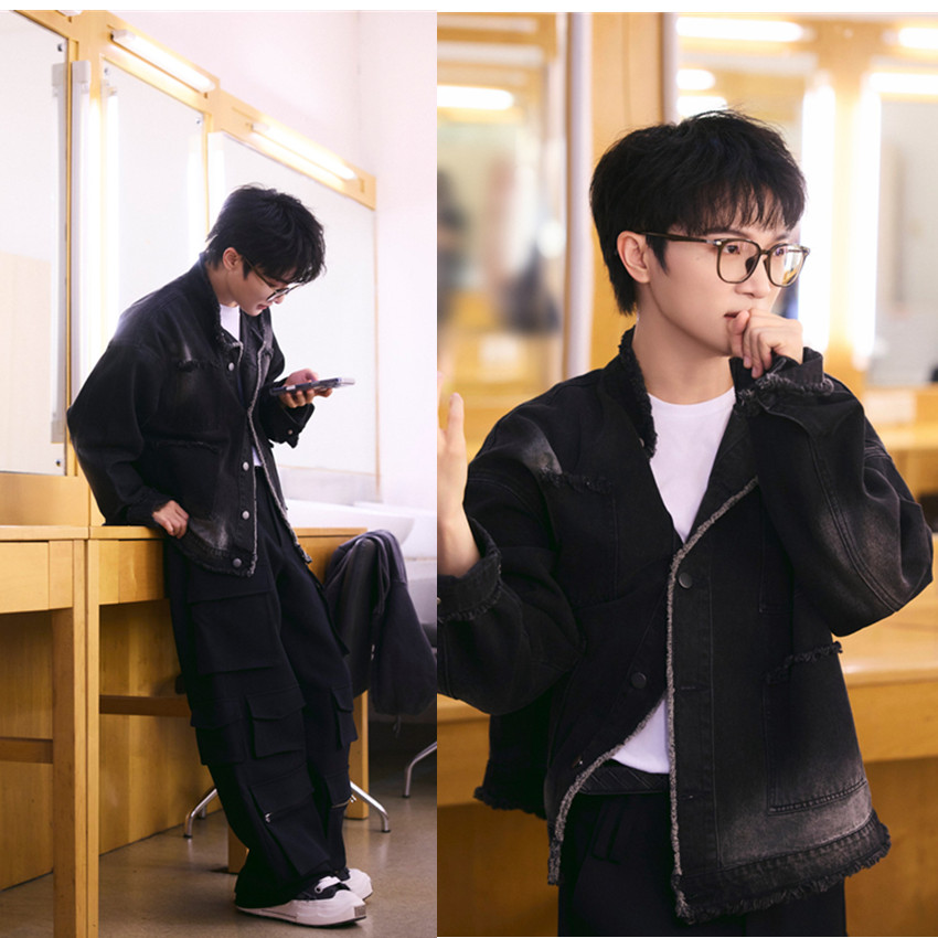 周深同款百搭男女同款宽松黑灰个性毛边口袋牛仔衣