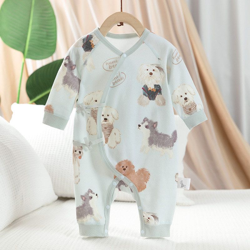 a类纯棉婴儿长袖连体衣偏襟系带新生儿小月龄男宝宝蝴蝶衣单层款