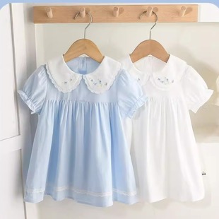 女宝宝短袖 a类纯棉薄款 连衣裙婴幼儿童蓝白色娃娃领裙子小公主裙