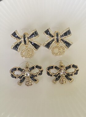 DINRO25b珐琅黑色蝴蝶结耳环女 镶钻皮穿气质时尚百搭耳饰耳钉