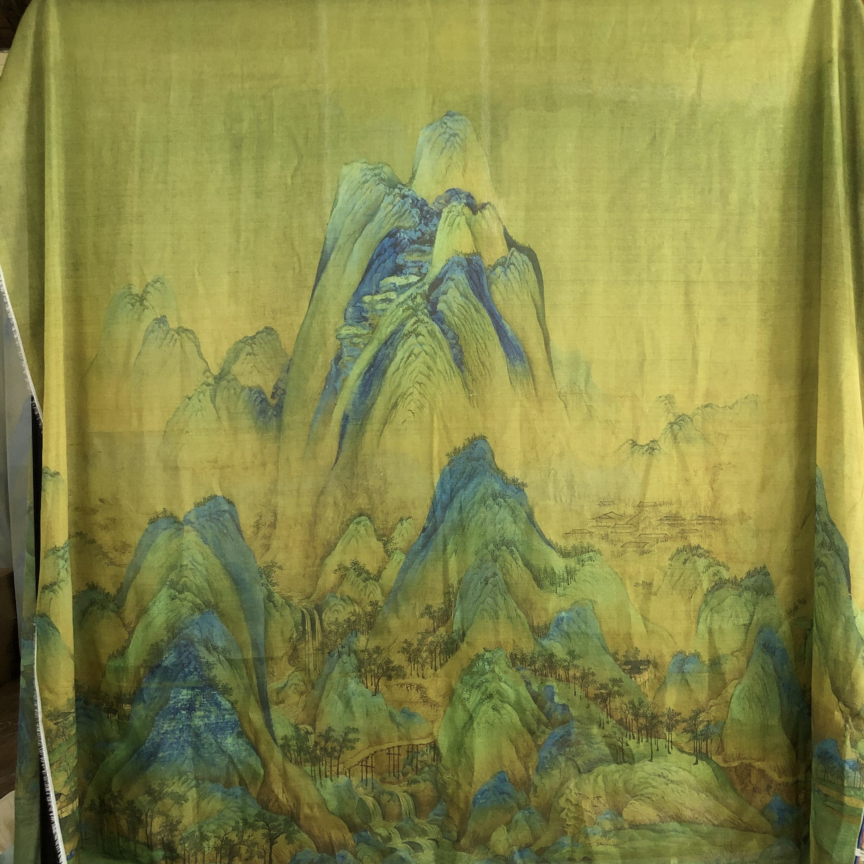 千里江山明制披风大袖衫日常汉服褶裙印花钻石雪纺布面料自制DIY
