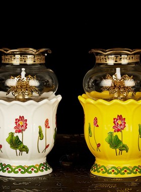 佛堂用品佛具陶瓷莲花调光防风油灯液体酥油佛堂前供佛长明灯