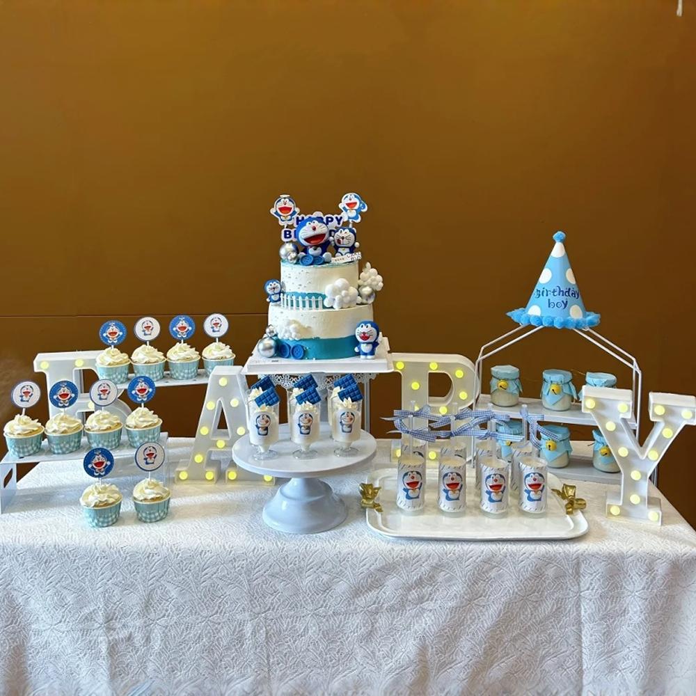 卡通儿童蓝色主题机器猫甜品台装饰周岁生日派对哆啦A梦蛋糕插件