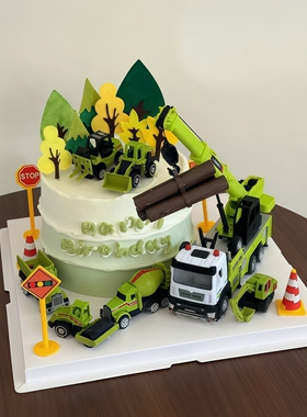 网红绿色工程车挖掘机蛋糕装饰摆件挖土机吊车吊塔起重机生日配件