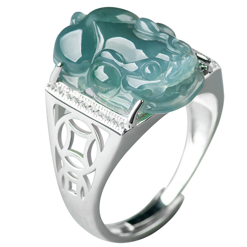 s925银镶嵌天然A货翡翠蓝水貔貅马鞍戒玉石时尚男女皮丘指环调节