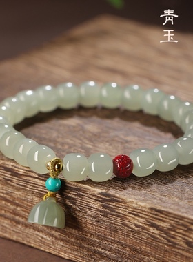天然冰种晴水料和田玉7*8mm手链女生个性手串玉石莲蓬手饰品复古