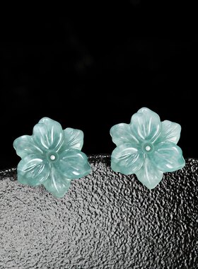 天然A货翡翠蓝水兰花耳钉冰种玉石花瓣S925银镶古风女友时尚耳饰