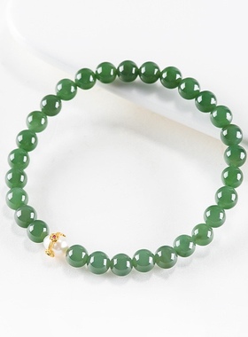 天然老料和田玉碧玉珍珠手链玉石女款古风手串送礼高档礼盒