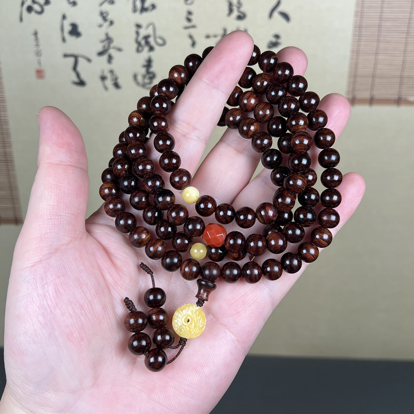 【4】高油密深紫老油梨海南黄花梨手链108颗