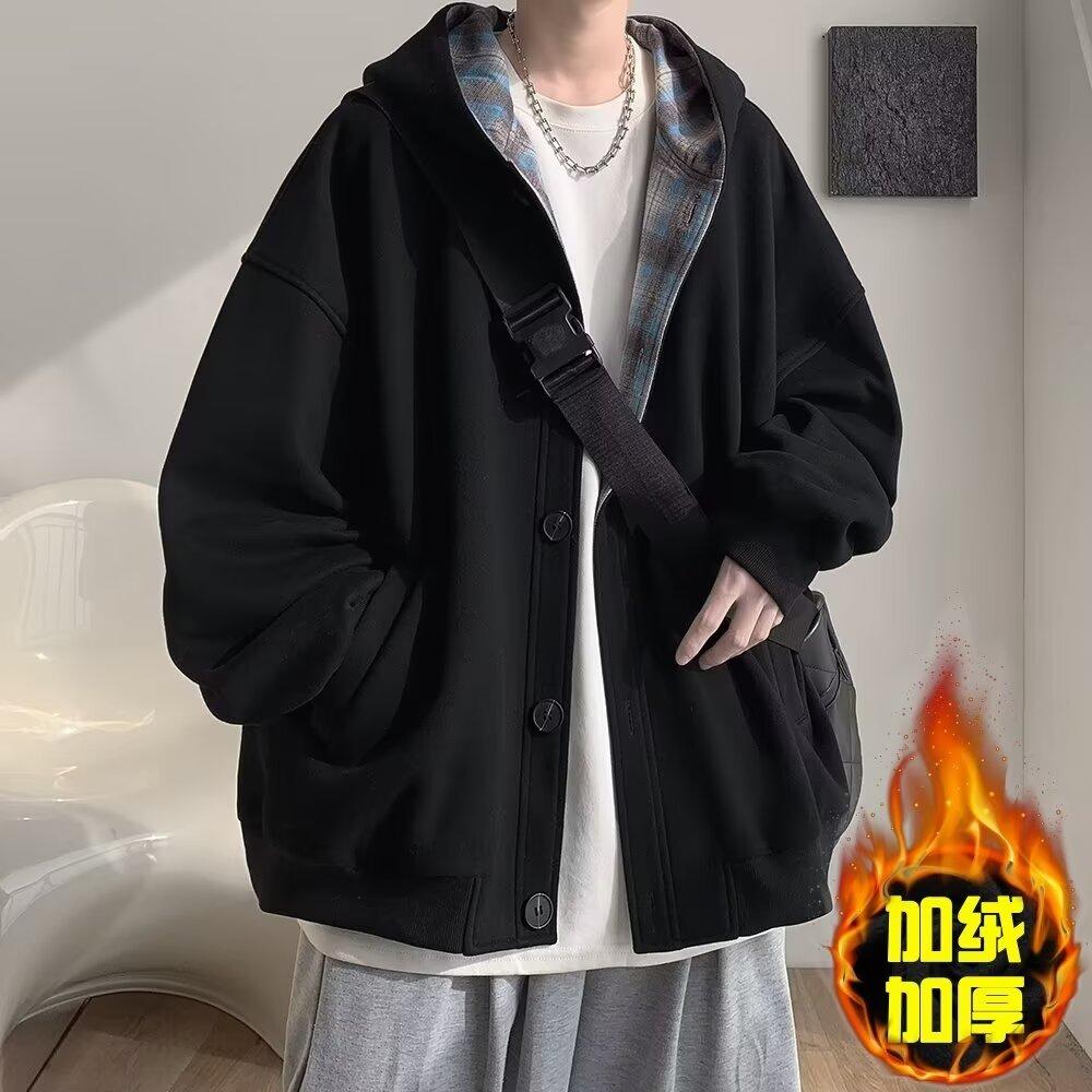 日系秋冬连帽冲锋衣男潮牌纯色简约宽松加绒夹克休闲百搭运动外套