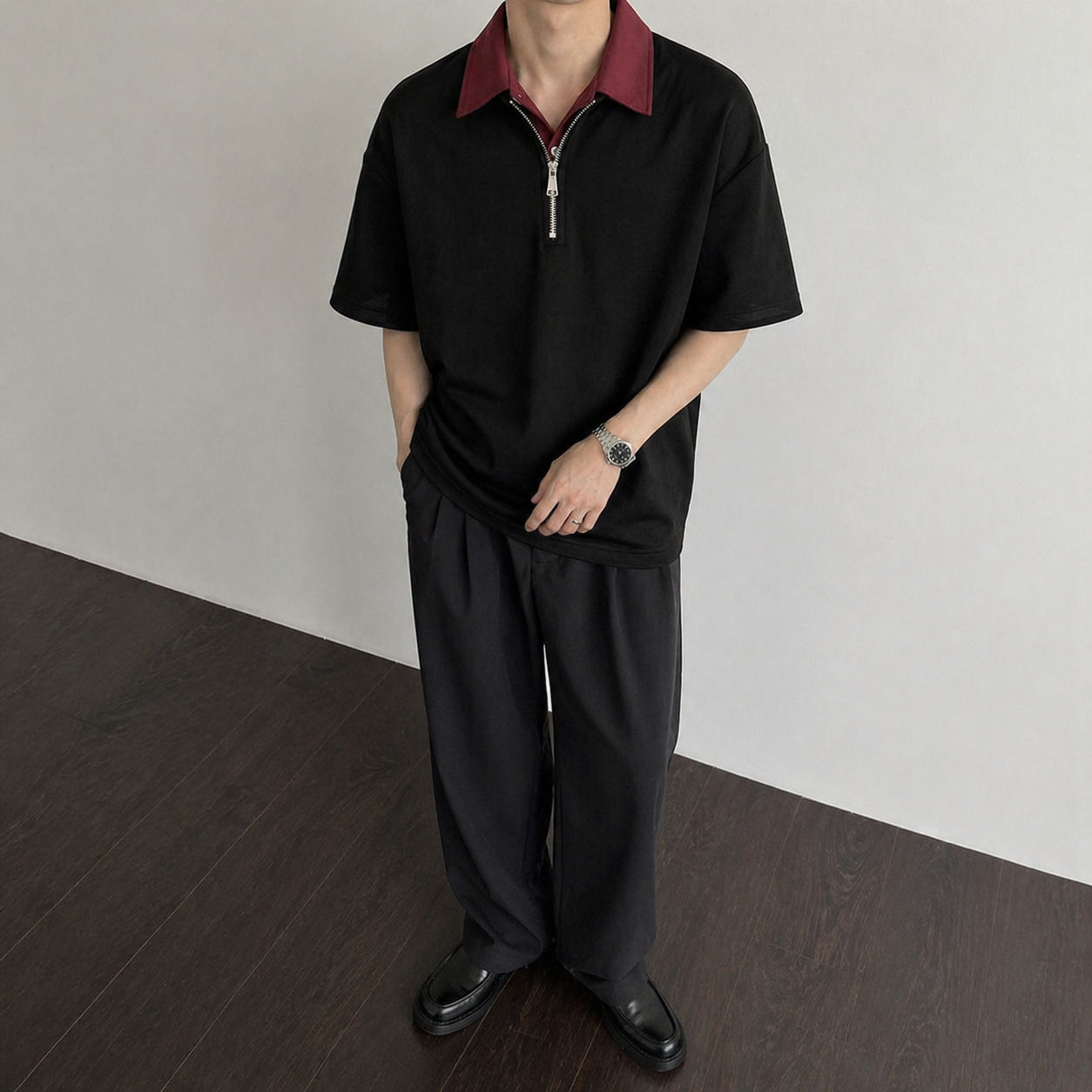 美式假两件短袖polo衫男款夏季拼接撞色翻领t恤学院风情侣截半袖