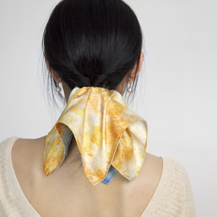 莫耦某「蓝黄晕染」方巾大肠发圈法式扎马尾发饰丸子头盘发头花