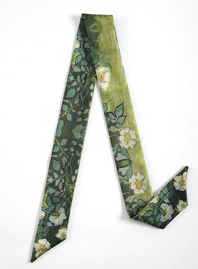 [梵高的野玫瑰]皱缎发带女精致丝巾女复古油画绿色绑包带小众束发