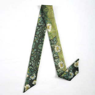 [梵高的野玫瑰]皱缎发带女精致丝巾女复古油画绿色绑包带小众束发