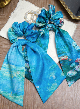 莫奈睡莲蓝色油画暗纹缎面法式头饰飘带大肠发圈皮筋发绳小众发带