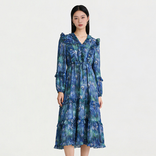 鸢尾花莫奈雪纺蛋糕长袖连衣裙v领春季2024新裙子中长款大摆