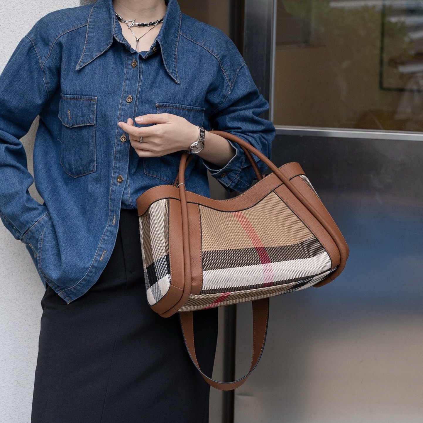 2026新款女包头层牛皮配帆布时尚子母包手提单肩斜挎包真皮格子包,箱包皮具/热销女包/男包,通用款女包,淘宝优惠券,粉丝福利购,淘宝优惠卷
