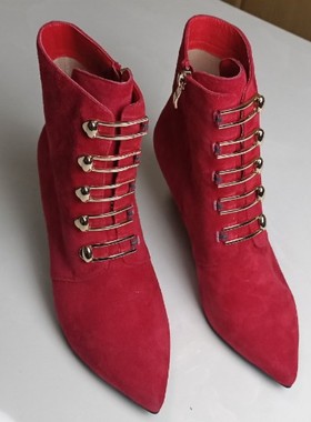 卡美多专柜断码处理红色女鞋反绒侧拉链柔软舒适时尚气质单靴