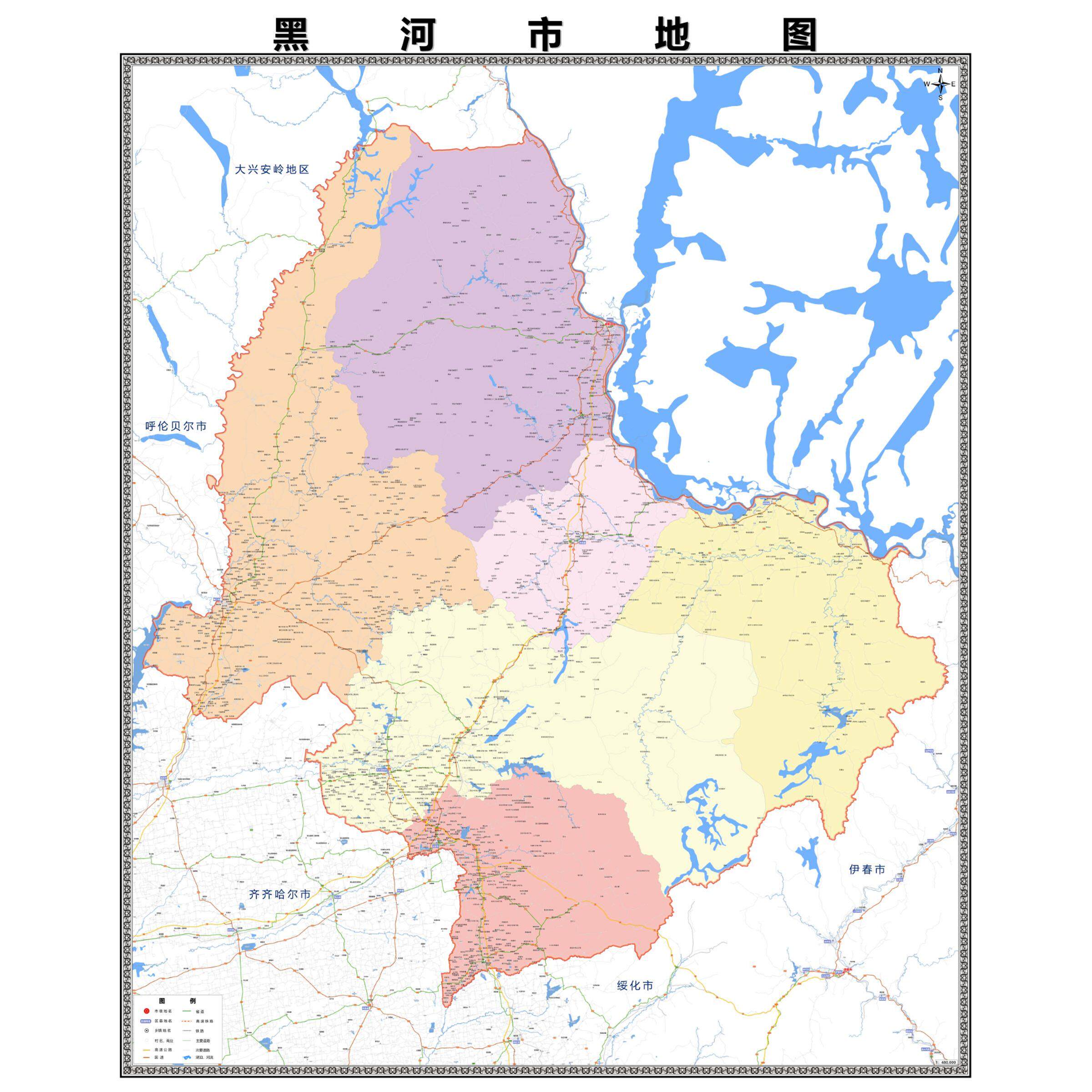 黑河市区域县市地图街道分布地区区域图办公室贴图挂图