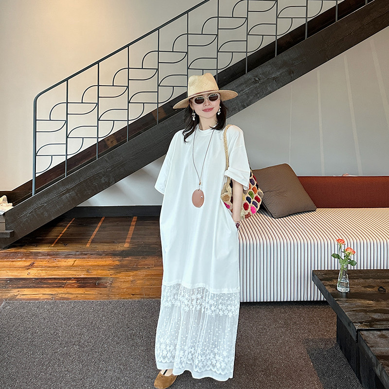 金苏一 白色蕾丝拼接连衣裙女2026夏季韩版宽松气质长裙chic裙子