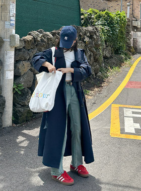 金苏一藏青色风衣女2026春秋韩版宽松双排扣天丝长款外套过膝大衣
