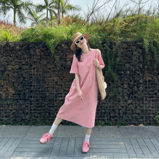 连衣裙chic裙子潮 宽松纯色气质短袖 金苏一 粉色T恤裙2026春夏韩版