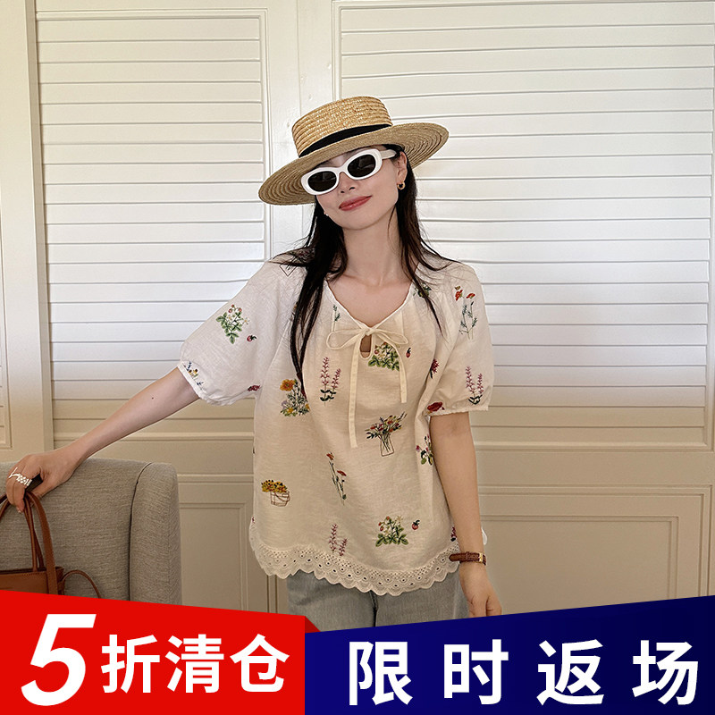 金苏一 年中清仓26号晚8点 30亚麻刺绣白衬衫蕾丝花边上衣图片