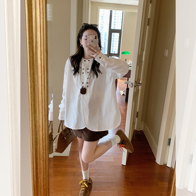 金苏一 双排扣圆领衬衫女2026春秋韩版宽松百搭白衬衣chic上衣潮