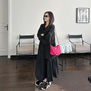 金苏一 打缆碎花灯芯绒连衣裙2026春季韩版宽松气质长袖过膝长裙