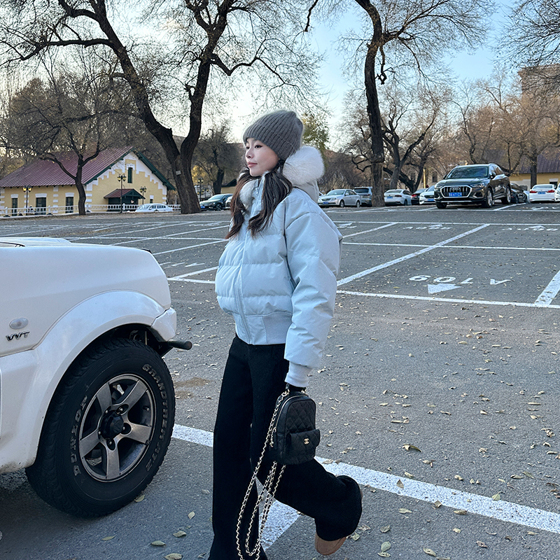 金苏一蓝色短款派克毛领羽绒服冬季韩版小个子短款90白鸭绒面包服