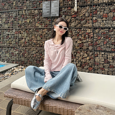 粉白长袖短T恤春夏薄款防晒上衣