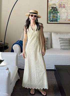 金苏一 淡黄色蕾丝刺绣花边连衣裙2025夏季韩版收腰显瘦背心长裙