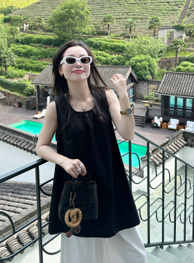 金苏一 黑色背心衬衫女2025夏季韩版宽松后背镂空小心机无袖上衣