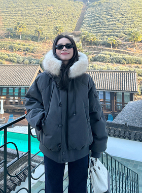 金苏一 灰色毛领派克工装外套冬季韩版宽松羊羔毛内里加厚棉衣潮