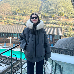 金苏一 灰色毛领派克工装外套冬季韩版宽松羊羔毛内里加厚棉衣潮