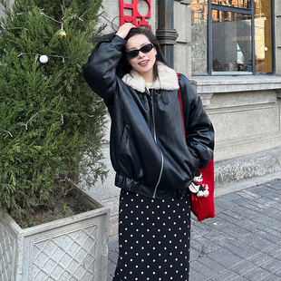 金苏一 羊羔毛领拼接皮衣羽绒服冬季韩版宽松90白鸭绒夹克外套潮