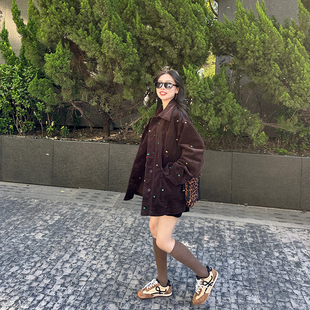 金苏一 爱心刺绣灯芯绒外套女2025秋冬韩版宽松百搭机车夹克上衣