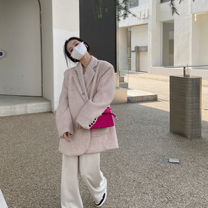 金苏一 粉色马海毛毛呢外套女冬季韩版宽松加厚羊毛西装chic上衣