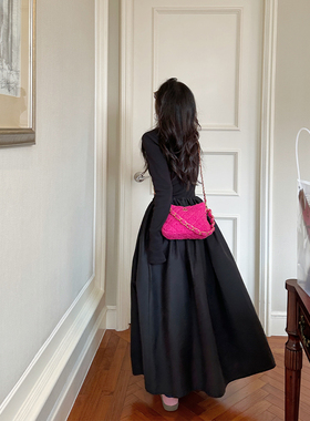 金苏一 黑色公主裙2025春秋新款韩版加厚拼接长裙chic气质连衣裙