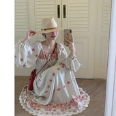 金苏一红色花朵刺绣亚麻连衣裙2026春夏法式 收腰长袖 度假裙子长裙