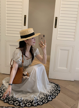 金苏一 重工刺绣花边条纹公主裙夏季韩版短袖收腰连衣裙chic长裙