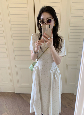 金苏一 天丝亚麻小花连衣裙2025夏季韩版收腰短袖长裙chic裙子潮