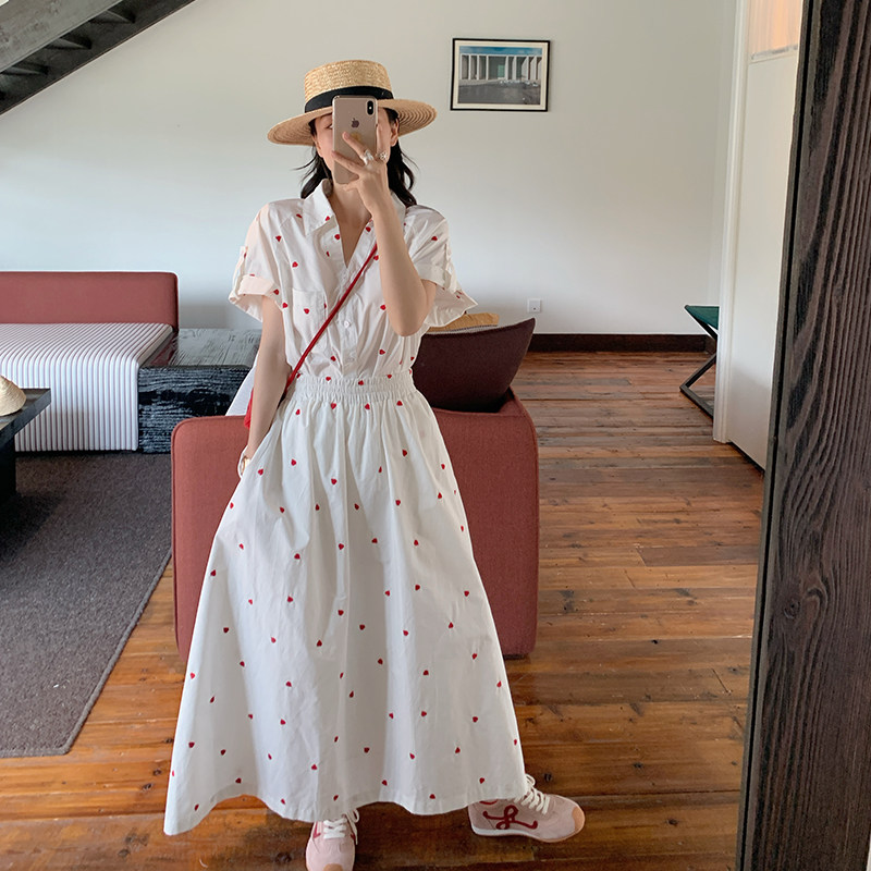 金苏一 爱心刺绣衬衫半裙两件套夏季韩版百搭短袖上衣裙子套装潮图片