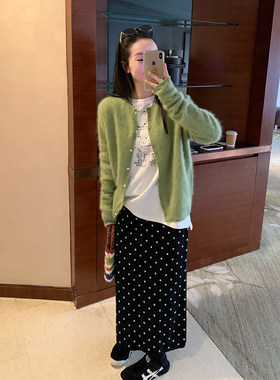 波点羊毛裙高腰弹力a字裙