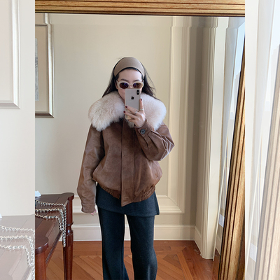 金苏一 棕色狐狸毛领羽绒服冬季新款韩版加厚90白鸭绒夹克外套潮