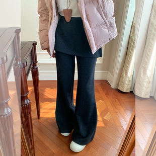假两件微喇裤 chic裤 冬季 高腰加绒保暖屁帘休闲裤 子潮 韩版 金苏一